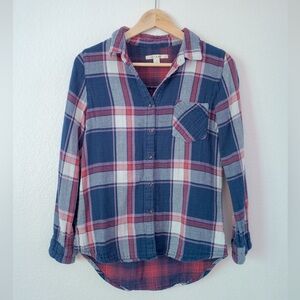Francesca’s Blue/White/Red Flannel Button Up Long Sleeve Top, Size S
